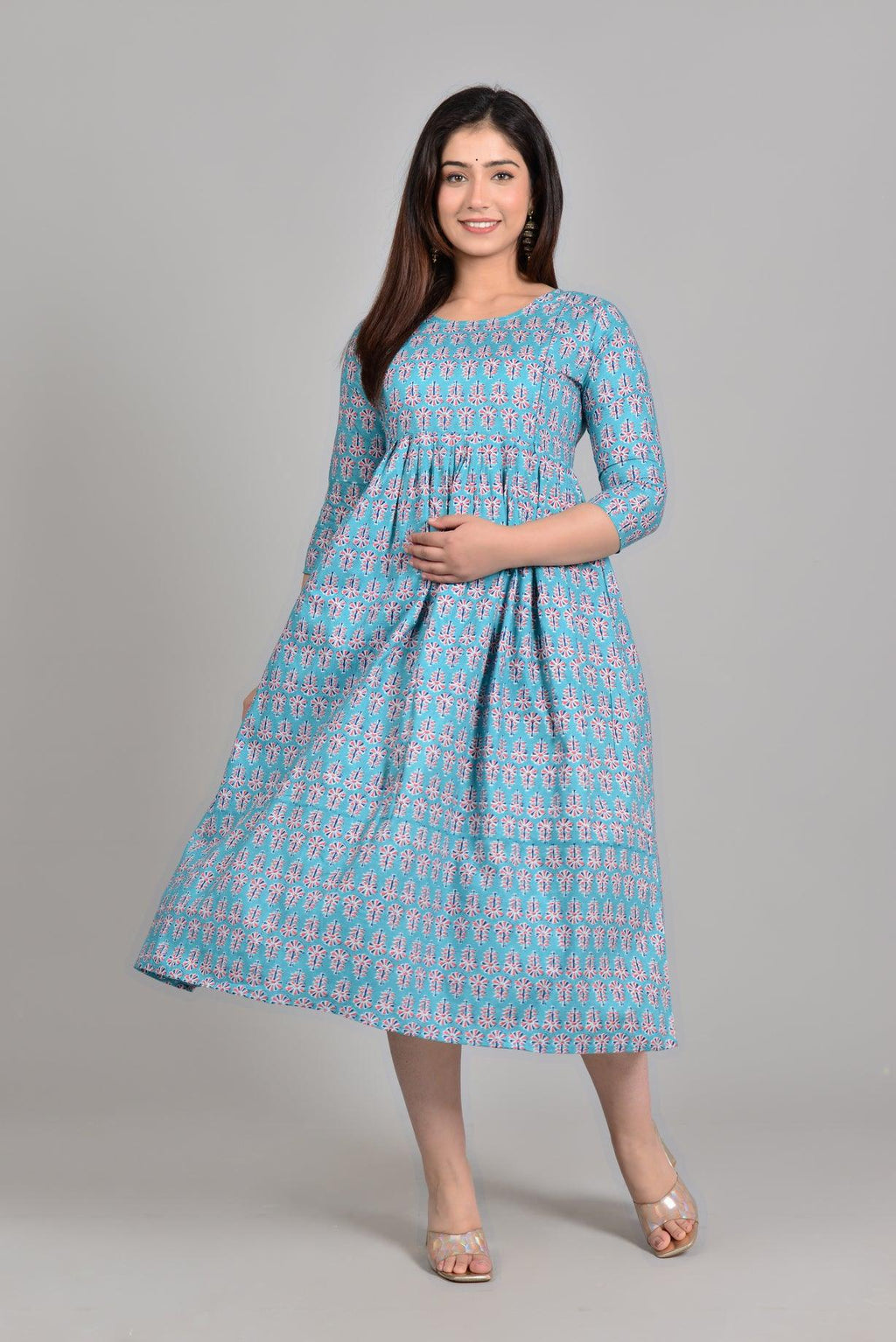Women Turquoise Blue Floral Printed Pure Cotton Maternity Anarkali Kurti ROOPWATI FASHION
