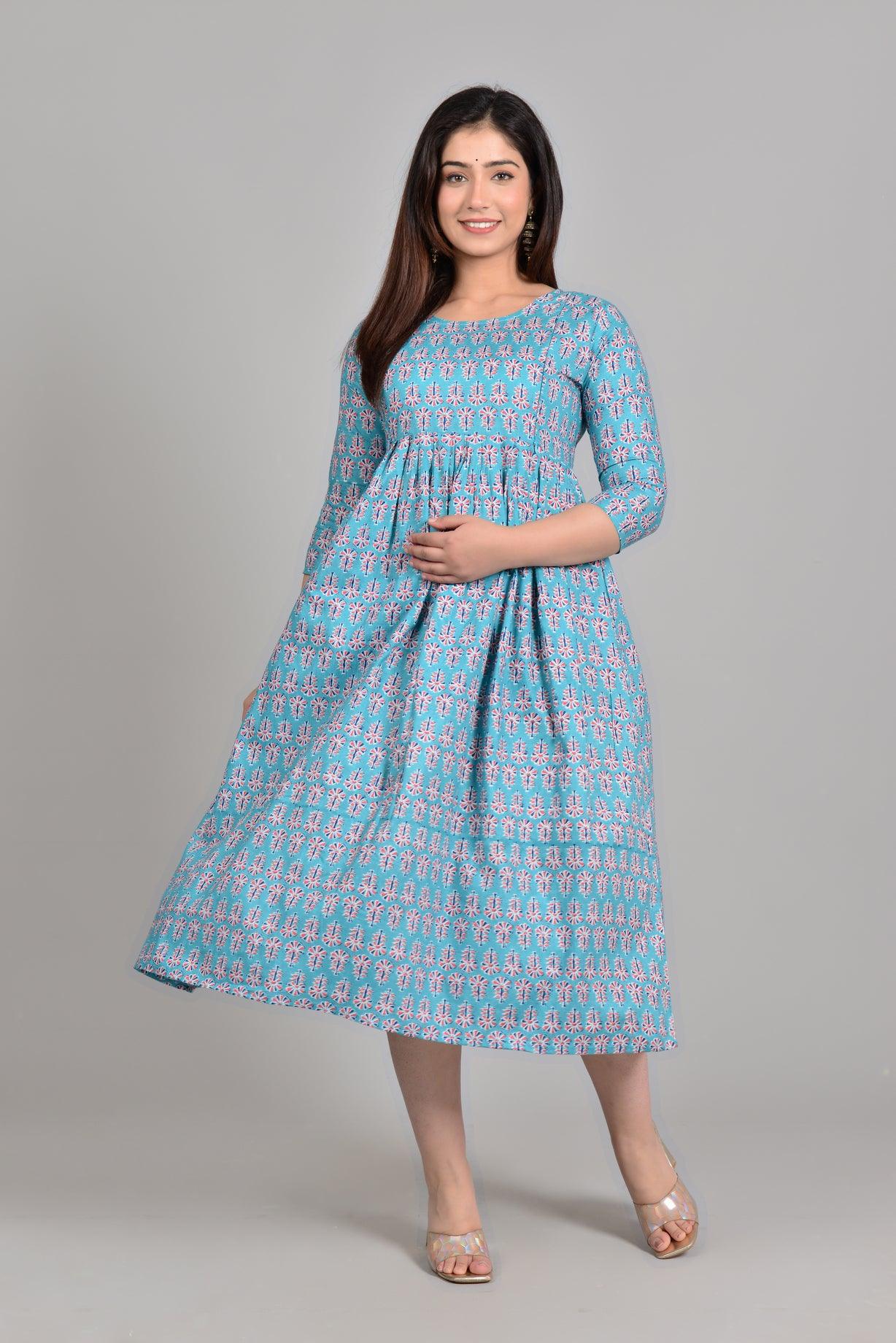 Women Turquoise Blue Floral Printed Pure Cotton Maternity Anarkali Kurti ROOPWATI FASHION