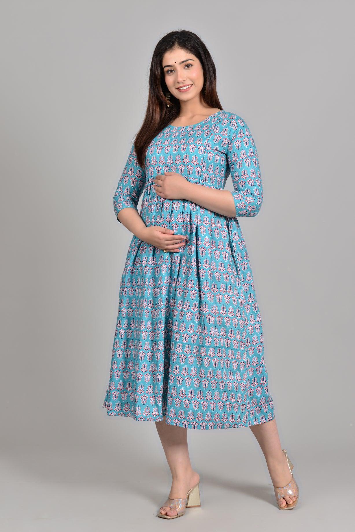 Women Turquoise Blue Floral Printed Pure Cotton Maternity Anarkali Kurti ROOPWATI FASHION