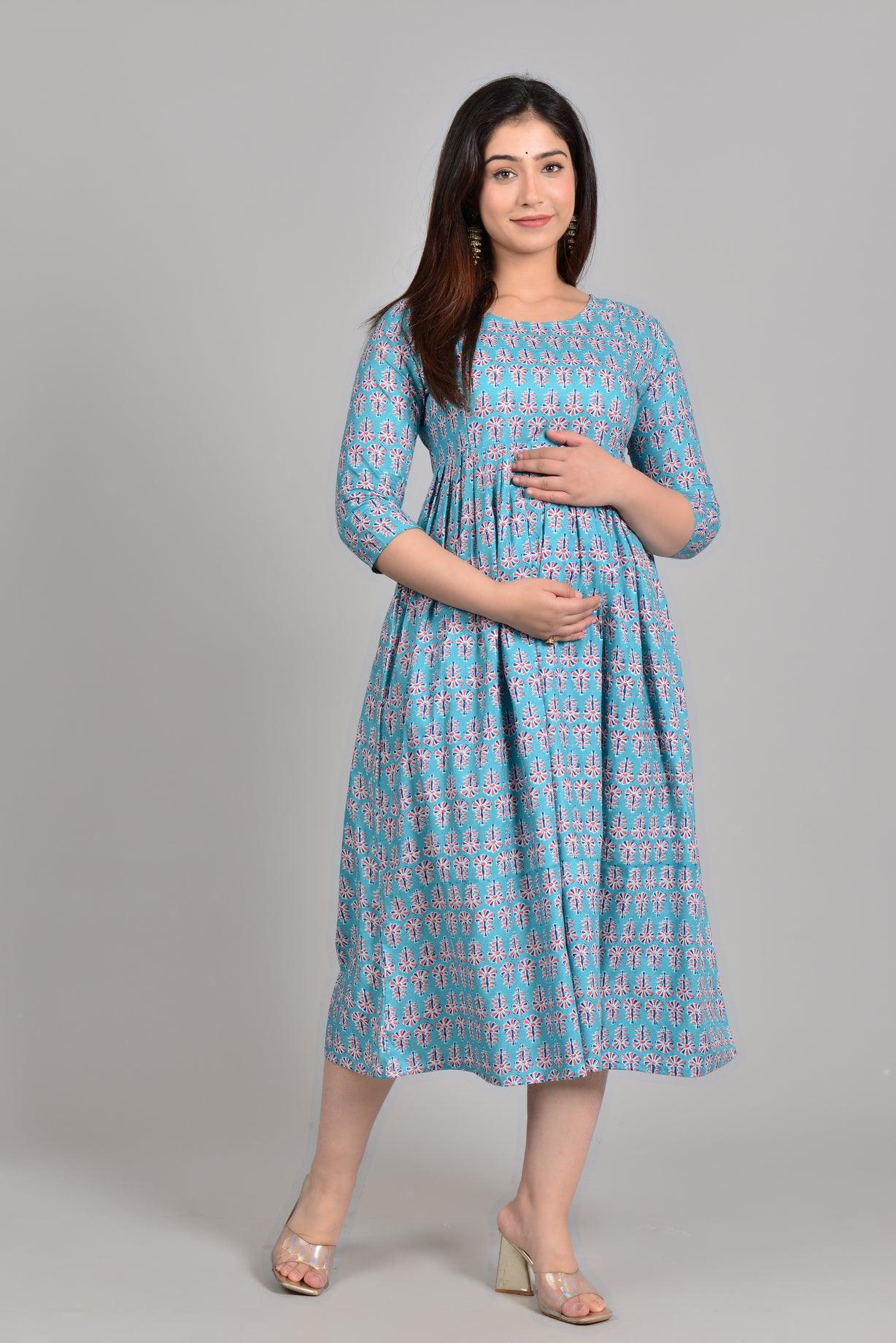 Women Turquoise Blue Floral Printed Pure Cotton Maternity Anarkali Kurti ROOPWATI FASHION