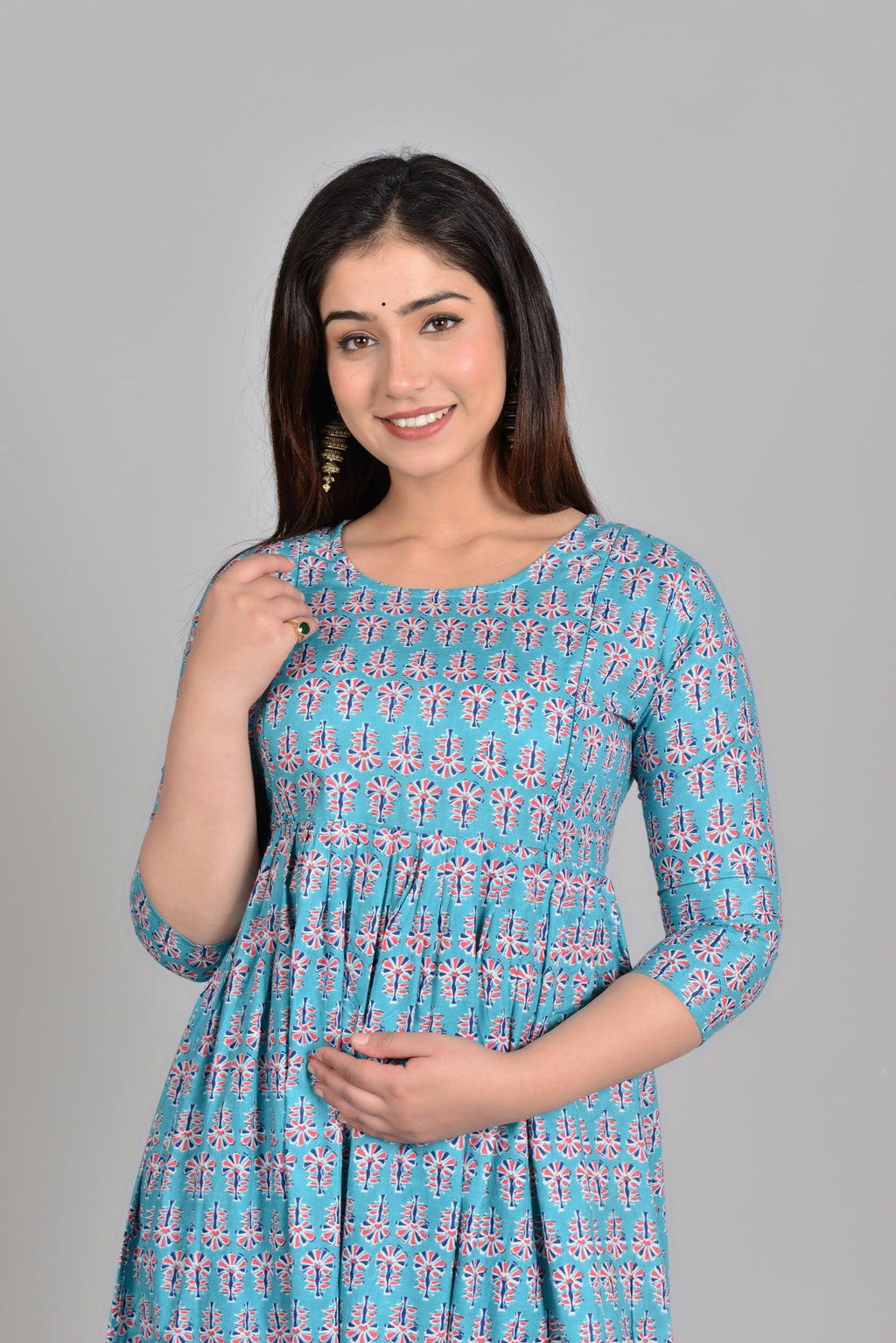 Women Turquoise Blue Floral Printed Pure Cotton Maternity Anarkali Kurti ROOPWATI FASHION
