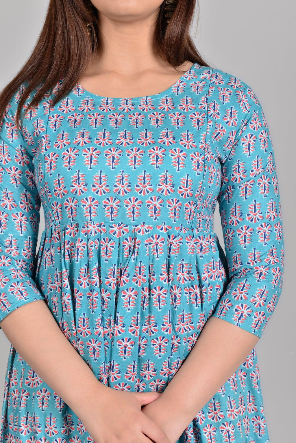 Women Turquoise Blue Floral Printed Pure Cotton Maternity Anarkali Kurti ROOPWATI FASHION