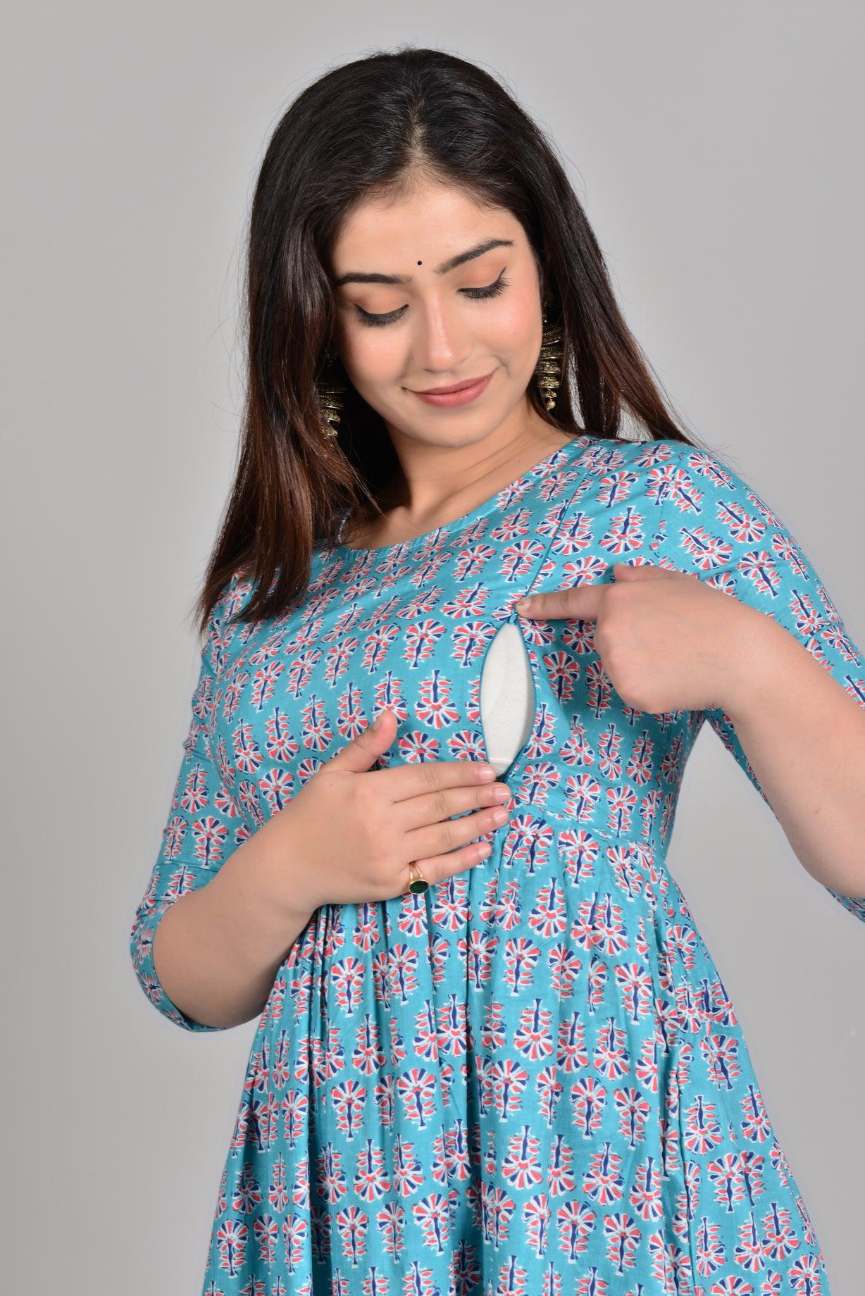 Women Turquoise Blue Floral Printed Pure Cotton Maternity Anarkali Kurti ROOPWATI FASHION
