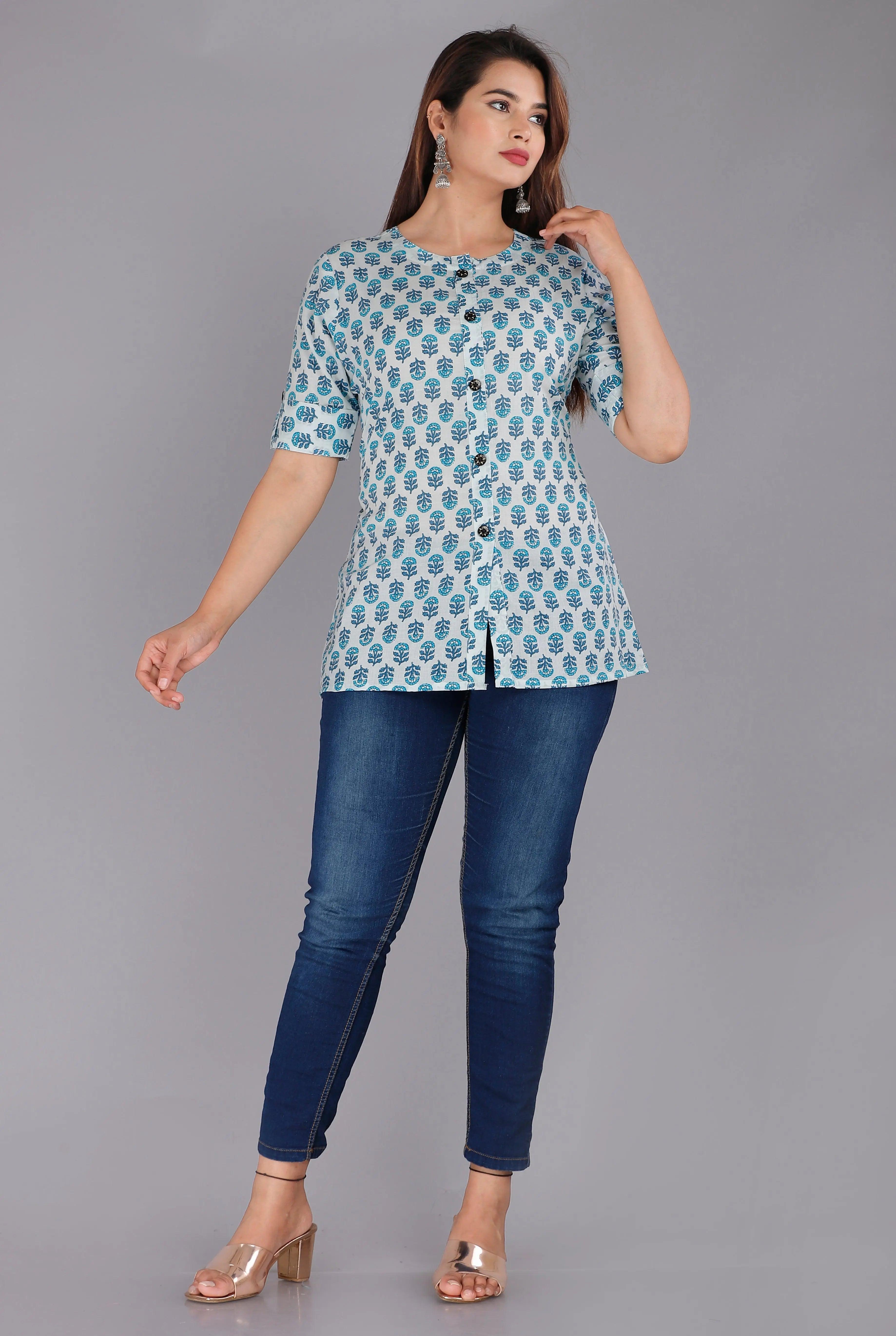 Ethnic Motifs Printed Pure Cotton Shirt Style Top ROOPWATI FASHION