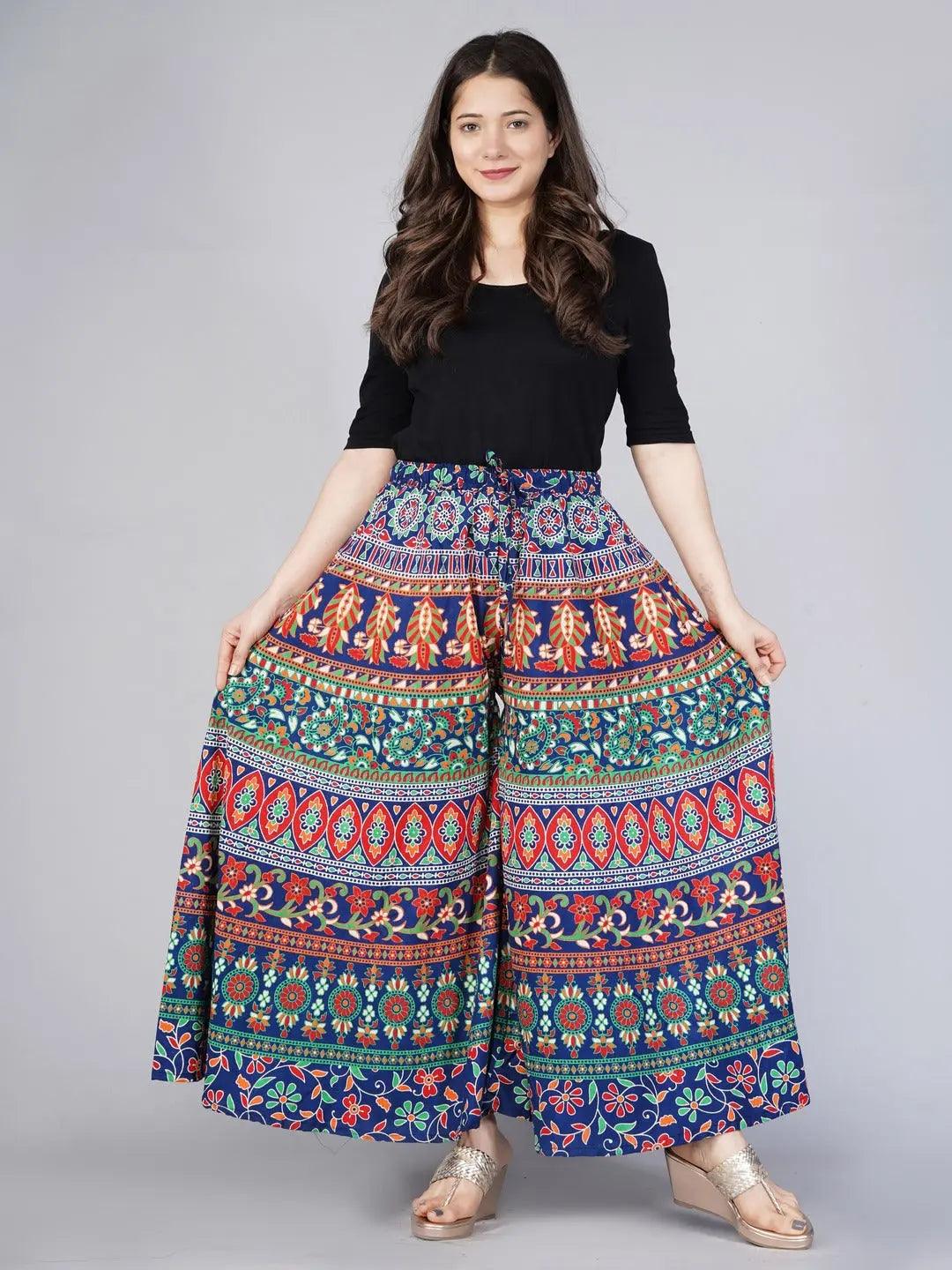 Women Blue & Green Ethnic Motifs Rajasthani Printed Flared Knitted Palazzos ROOPWATI FASHION