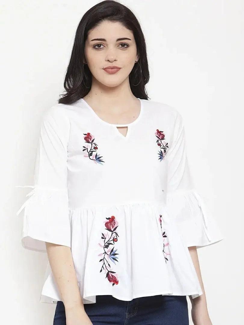 Floral Embroidered Keyhole Neck Bell Sleeves Cotton Peplum Top ROOPWATI FASHION