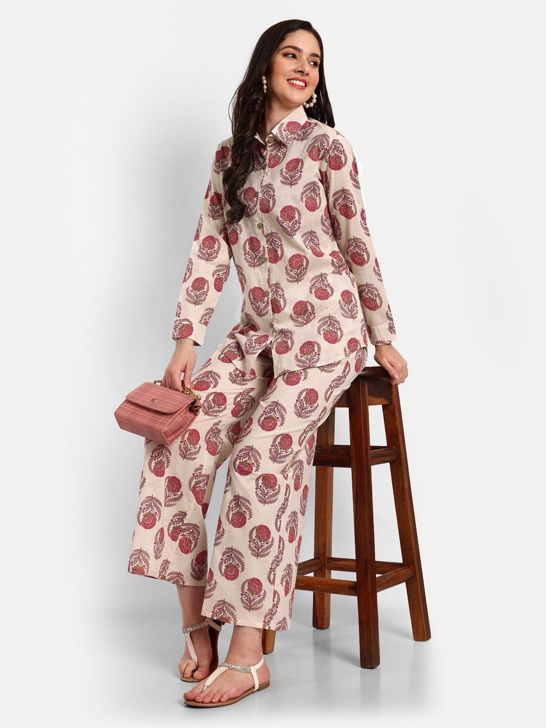 Printed Pure Cotton Shirt & Palazzo Co-Ord Set ROOPWATI FASHION