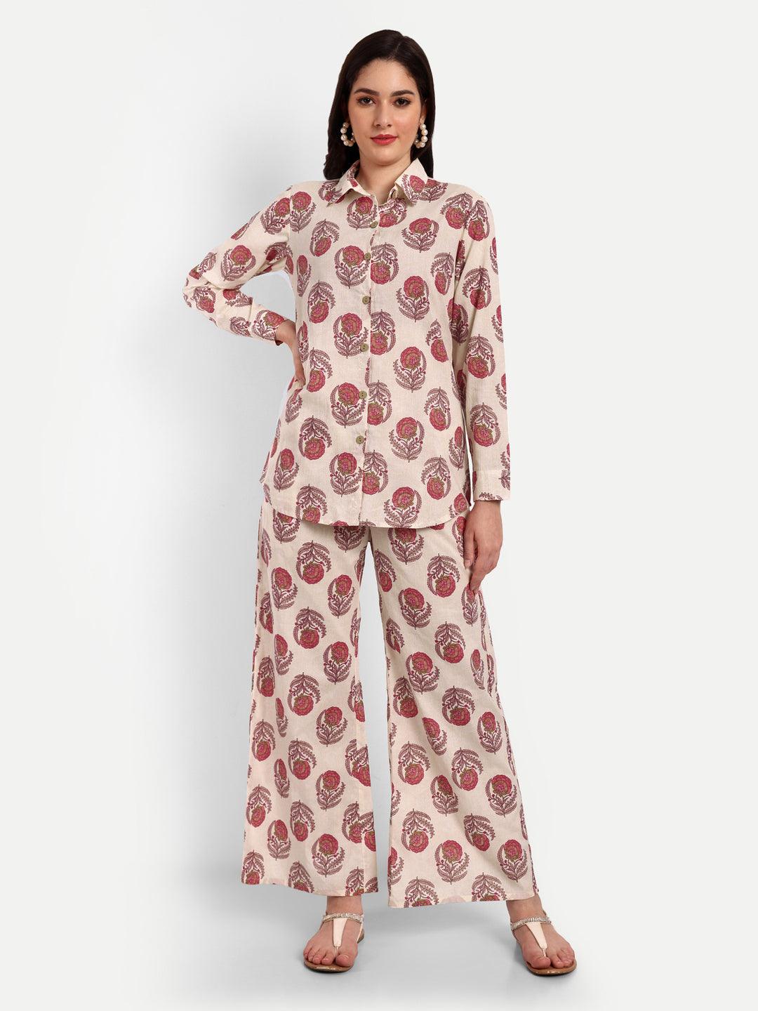 Printed Pure Cotton Shirt & Palazzo Co-Ord Set ROOPWATI FASHION