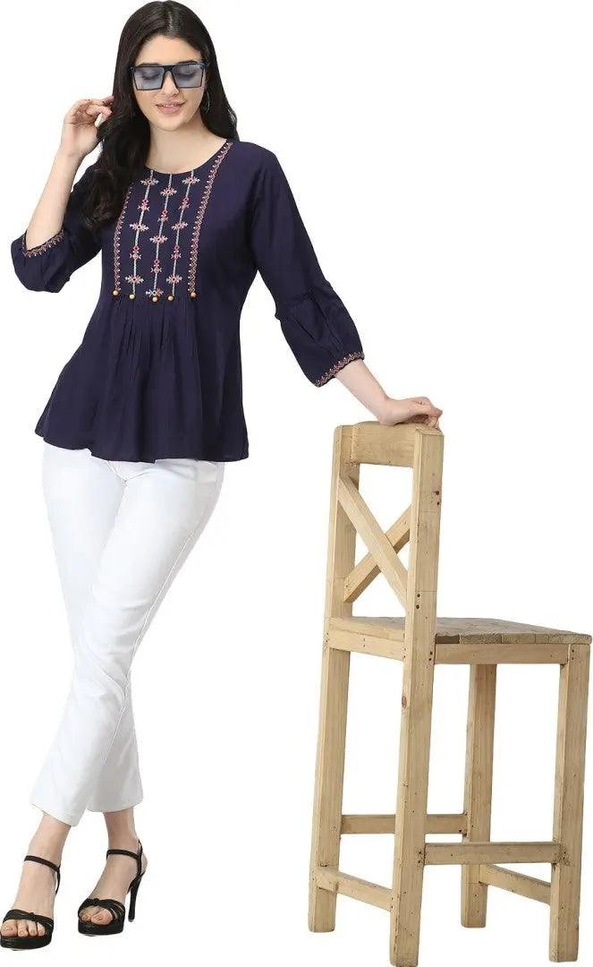 Navy Blue Floral Embroidered Empire Top ROOPWATI FASHION