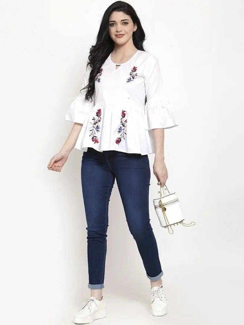 Floral Embroidered Keyhole Neck Bell Sleeves Cotton Peplum Top ROOPWATI FASHION