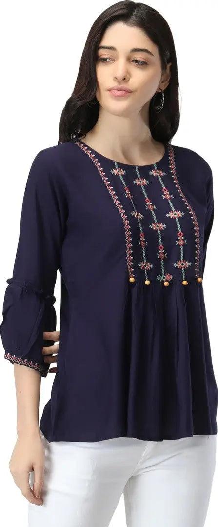 Navy Blue Floral Embroidered Empire Top ROOPWATI FASHION