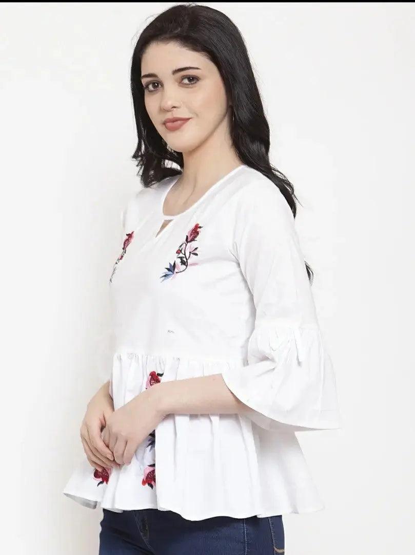 Floral Embroidered Keyhole Neck Bell Sleeves Cotton Peplum Top ROOPWATI FASHION