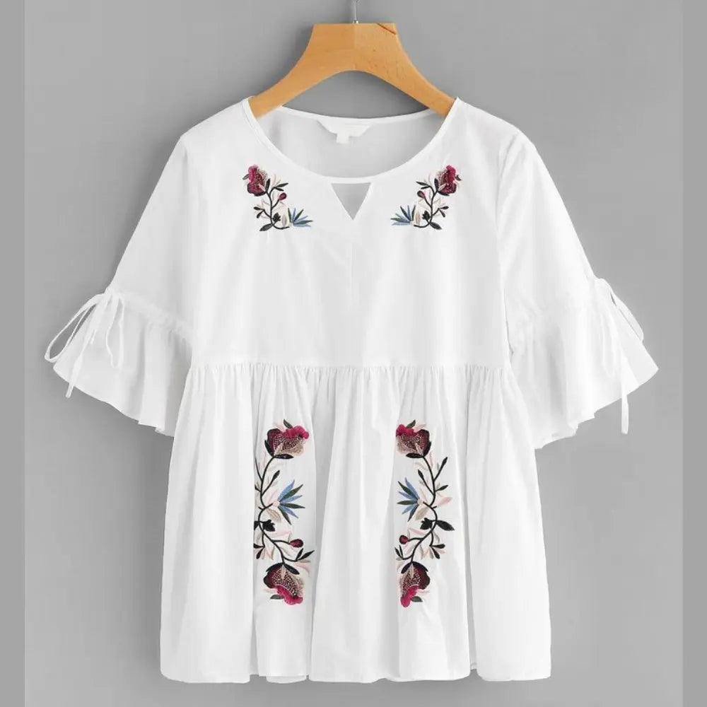 Floral Embroidered Keyhole Neck Bell Sleeves Cotton Peplum Top ROOPWATI FASHION