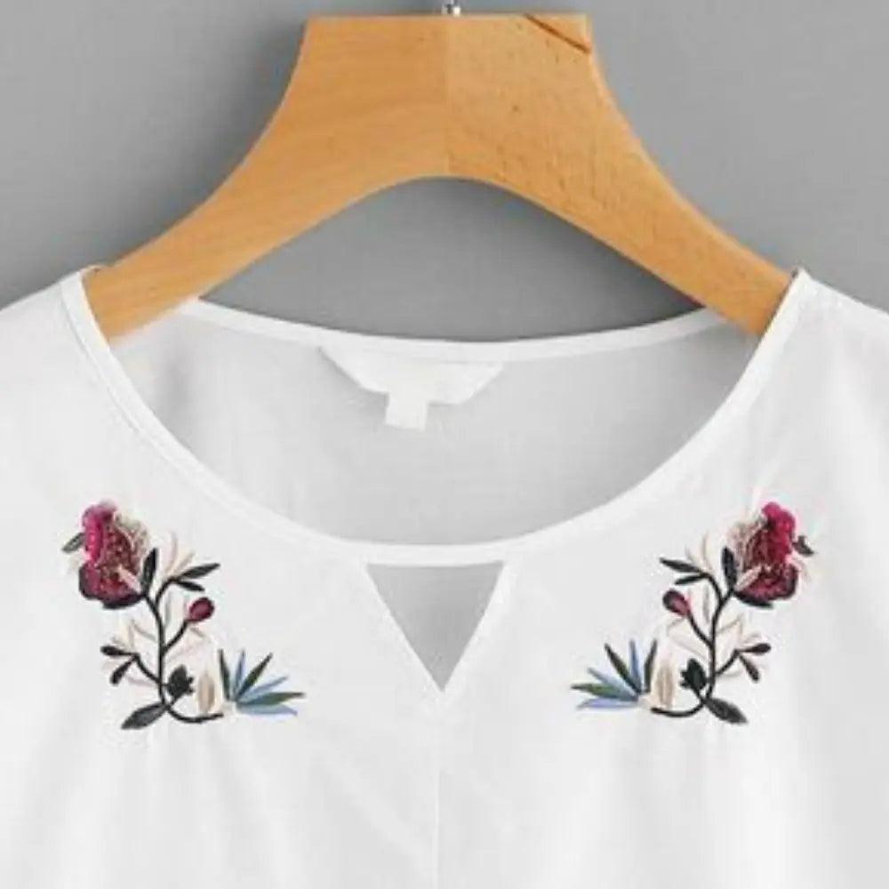 Floral Embroidered Keyhole Neck Bell Sleeves Cotton Peplum Top ROOPWATI FASHION